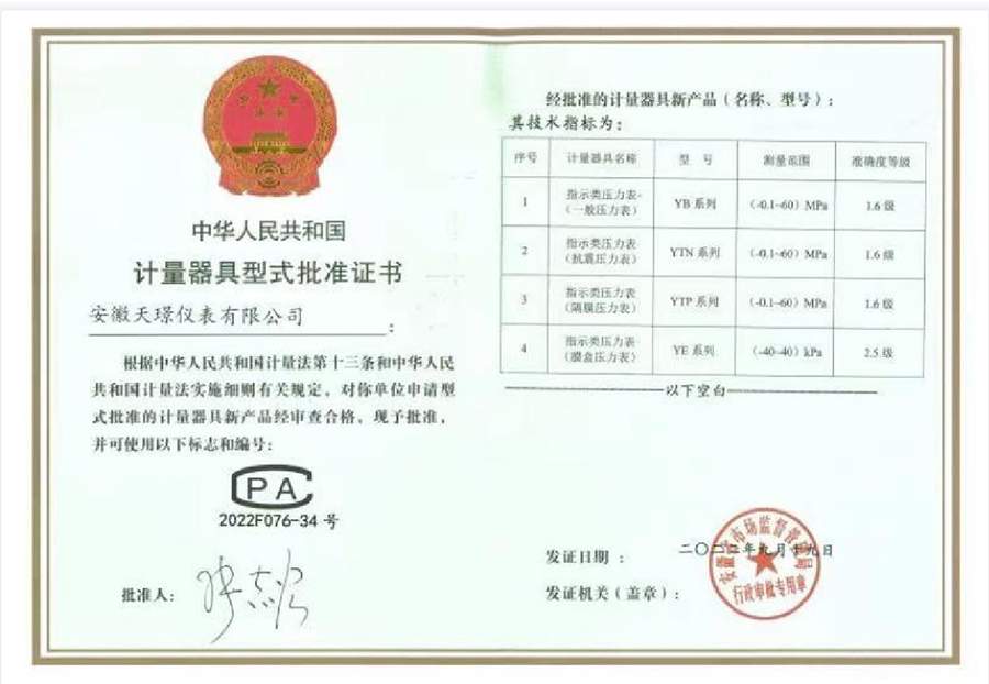 計(jì)量器具型式批準(zhǔn)證書(shū)